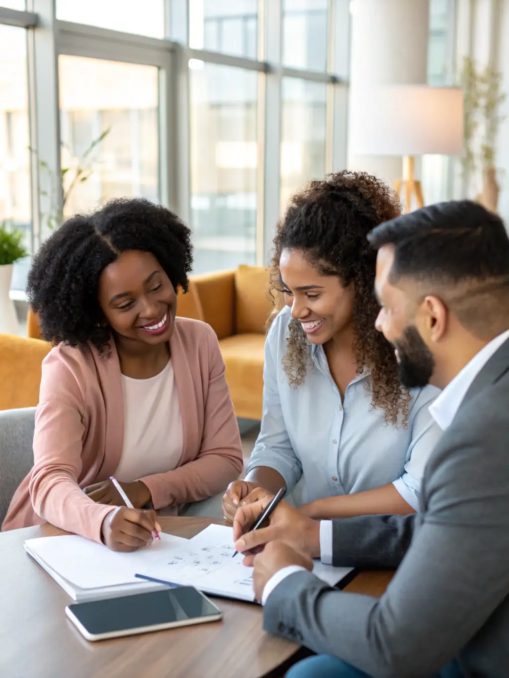 A diverse group of people smiling and confidently planning their financial futures with Loan 88's support.