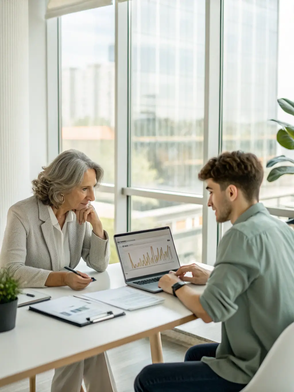 An image of a financial advisor discussing plans with a client in a modern office setting, emphasizing trust and expertise.