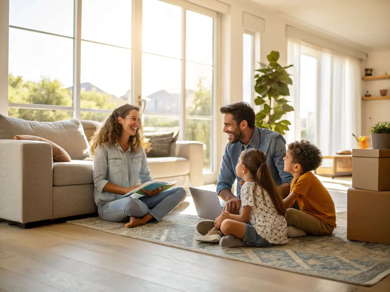 A modern home interior with a family happily gathered, highlighting the benefits of home refinancing. The image should convey savings, improved financial stability, and the joy of a comfortable home life.