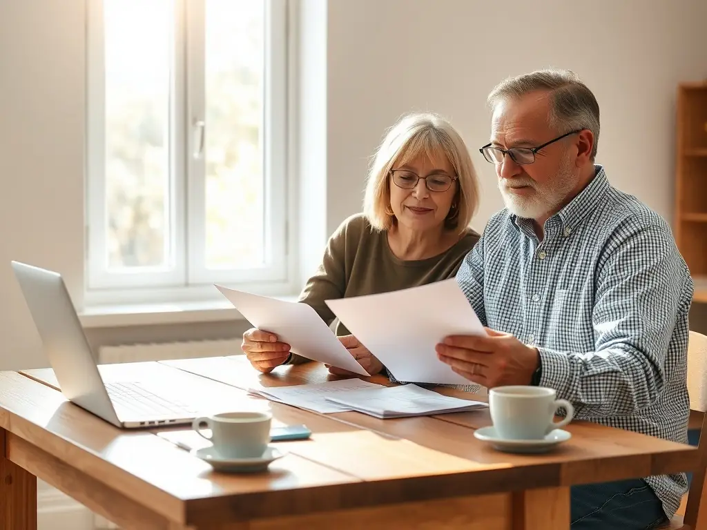 A serene image of a couple planning their retirement, sitting in a comfortable living room, reviewing financial documents with a friendly advisor. The scene conveys trust, security, and a focus on long-term financial well-being.